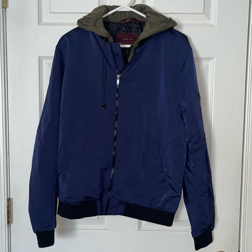 Mens Zara bomber jacket Hoodie Hooded Blue Green Large